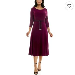 Nina Leonard Sylvia Three-quarter sleeve Belted Midi Dress. Size S